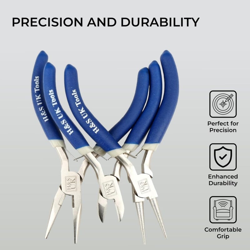 H&S Precision Pliers Set for Jewelry & Craft Making, Small Needle Nose Pliers, 3 Mini Jewelers Tools for Professionals & Beginners - Jewelry Making Tools - Image 3